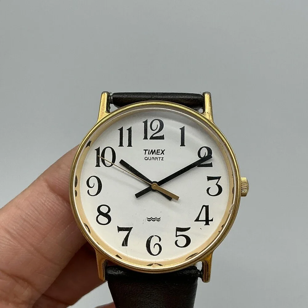 Vintage Timex Mens Watch 32mm White Dial Gold Tone Black Leather New Battery